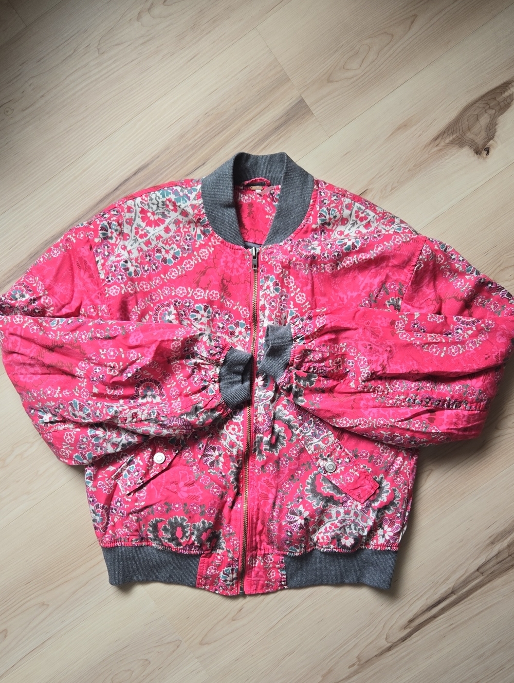 Free People Printed Bomber Jacket, Pink/Grey, Size Small